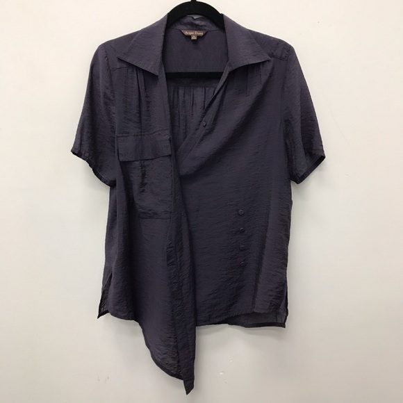 Asymmetrical Dark Purple Short Sleeve Blouse - Picture 2 of 11